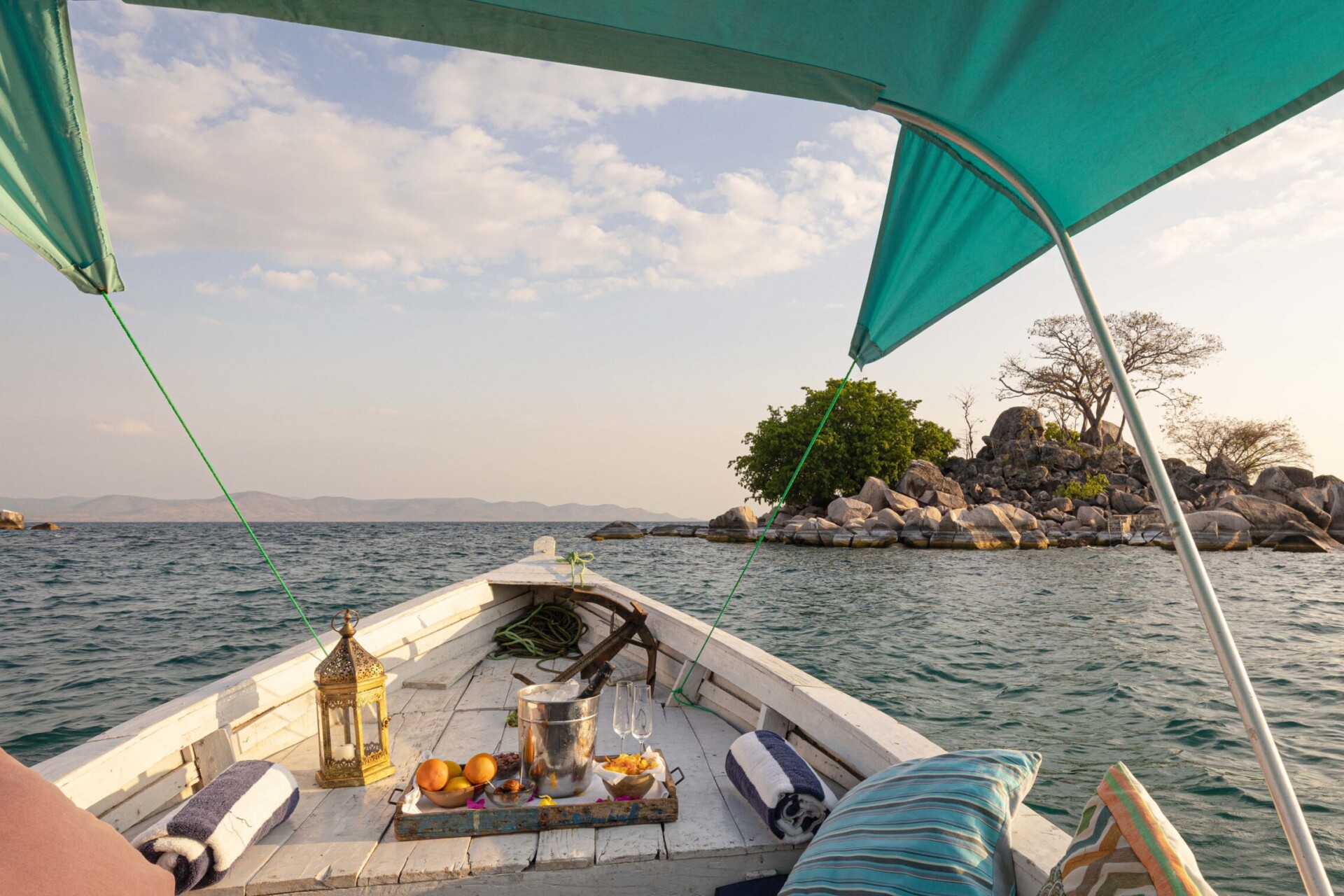 Sunset dhow cruise near Kaya Mawa on Lake Malawi