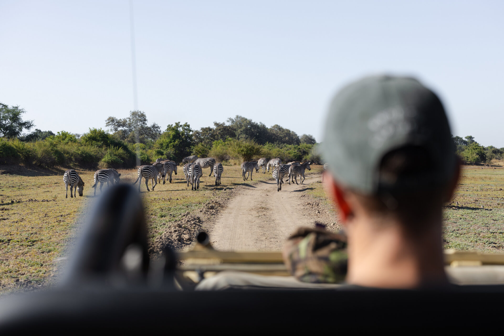 View from an open game drive vehicle at Shawa Luangwa Camp approaching wildlife in South Luangwa National Park